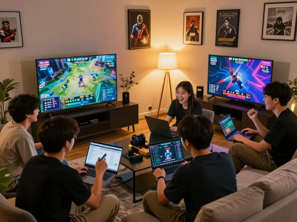 Engaged individuals enjoying esports betting in Singapore, actively placing bets while watching a live tournament.