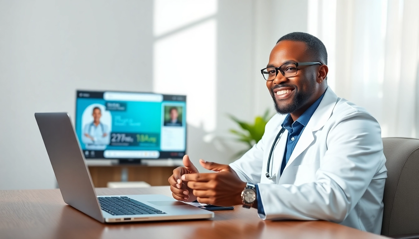 Chat with a doctor online now through a video consultation showcasing a friendly doctor and patient.