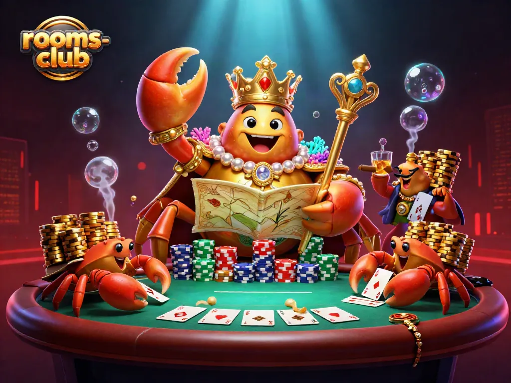 Gambar ilustrasi 3D karakter kepiting emas besar di rooms-club dengan banyak chip poker dan efek bawah laut.
