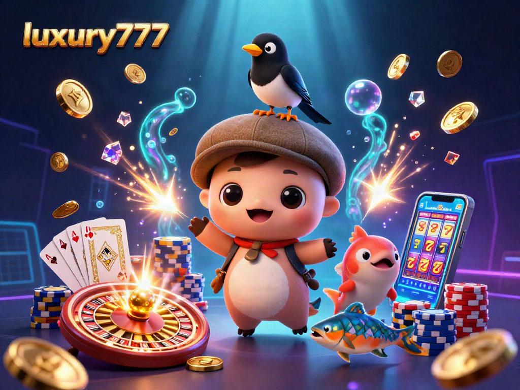 Luxury777 menghadirkan ilustrasi slot dengan makhluk lucu dan elemen kasino yang menarik.