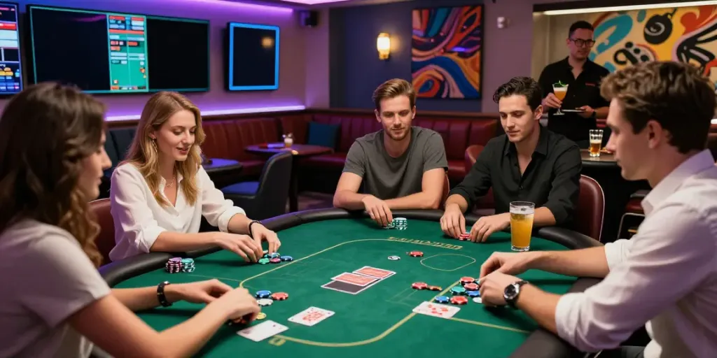 A vibrant urban gambling scene featuring akunjp enthusiasts enjoying poker with colorful chips and neon lights.