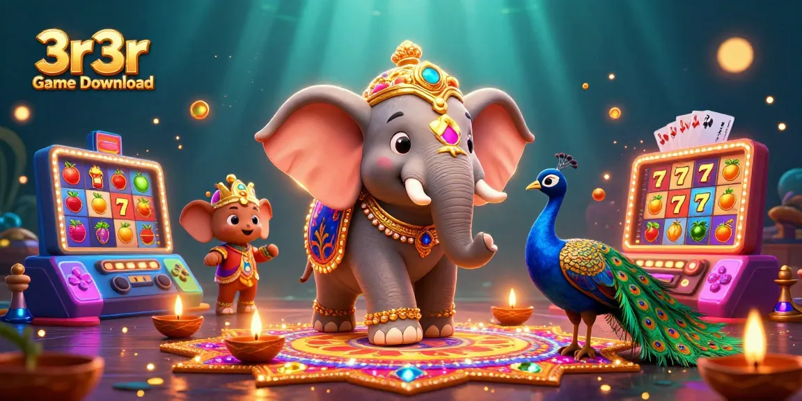 Engage in the 3r3r Game Download with a vibrant scene of an ornate elephant and peacock amidst casino elements.