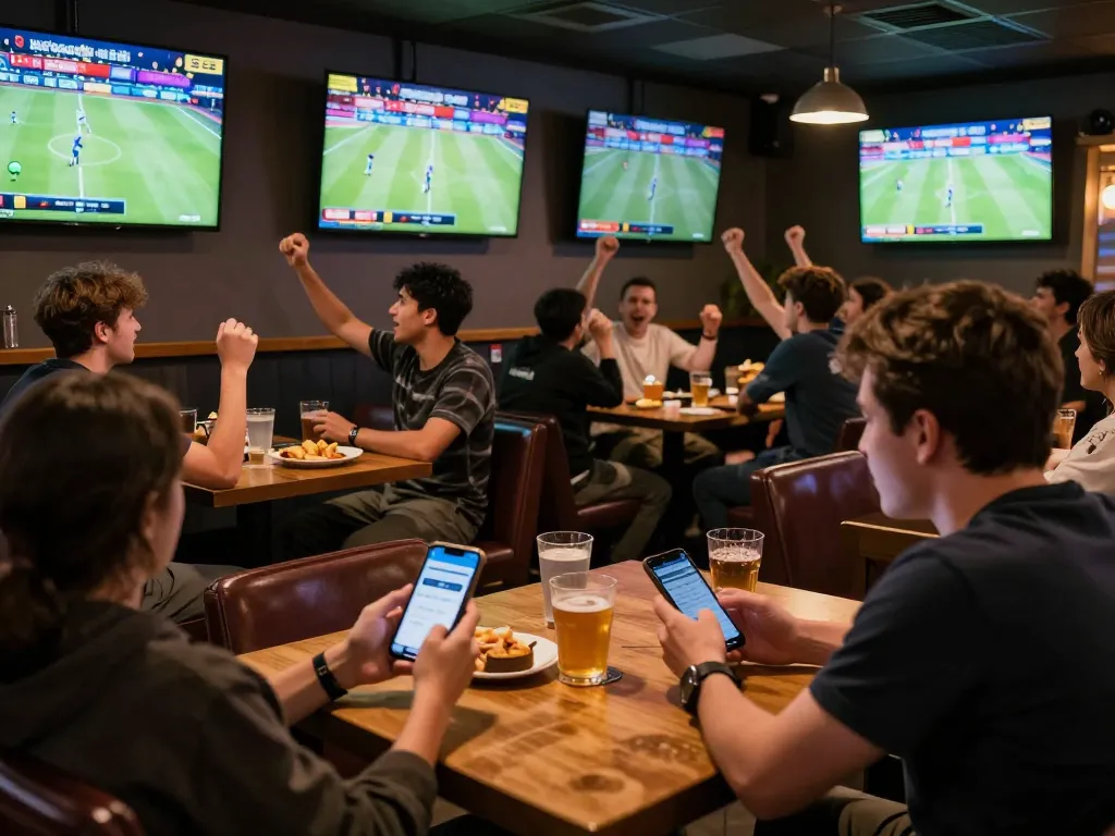 Active sports betting scene at a bar with fans reviewing odds on gg88.com and cheering for their teams