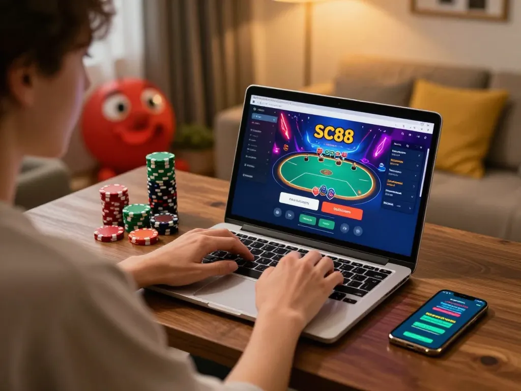 Engaged user performing SC88 đăng nhập for online poker game on a laptop with casino decor around