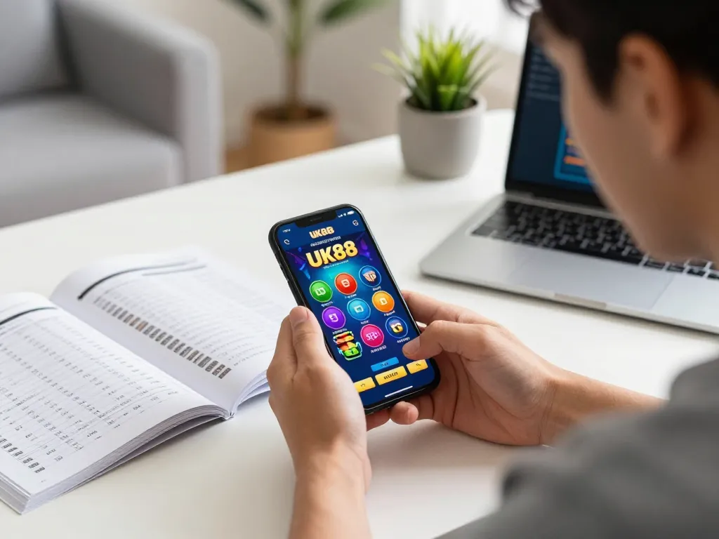 Player engaging with the UK88 casino app, focusing on mobile betting strategy in a cozy home environment.