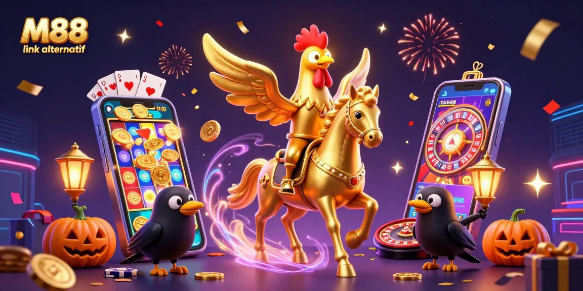Experience exciting wins with M88 link alternatif as vibrant gaming elements surround a whimsical 3D illustration.
