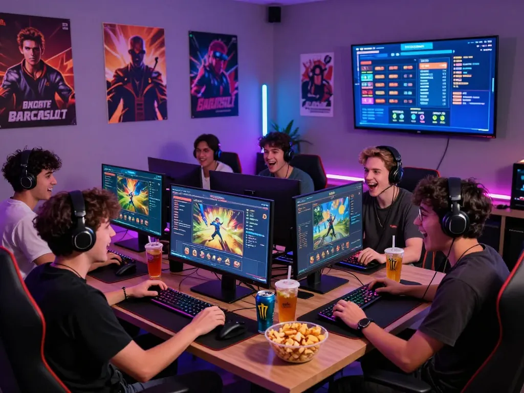 Friends enjoying an exciting Barcaslot gaming experience with colorful screens and energetic atmosphere.