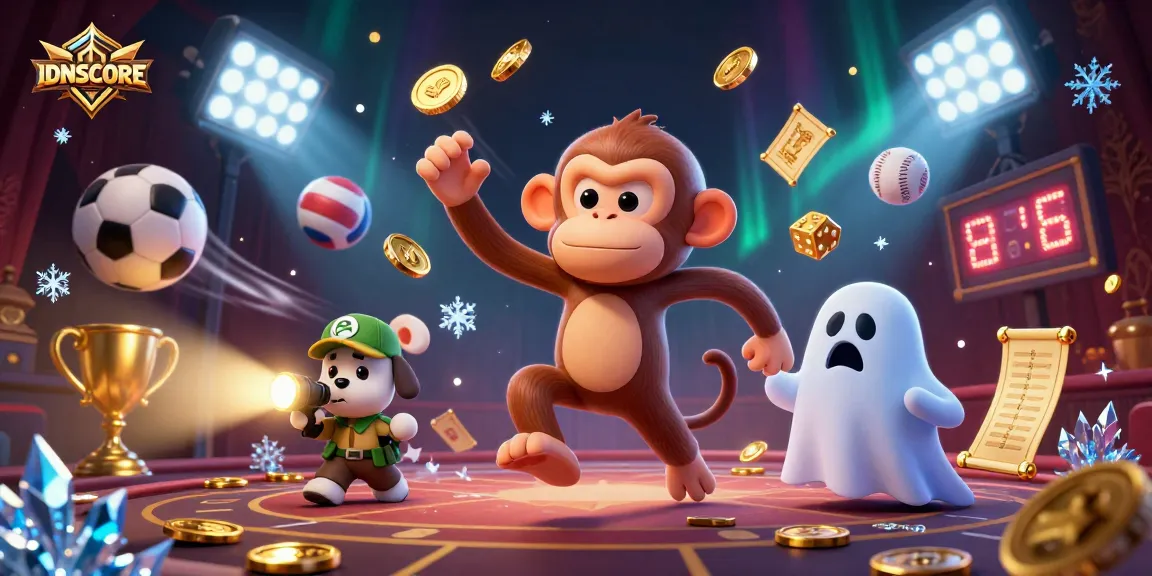 IDNSCORE enhances gaming excitement with golden coins and trophies in a dynamic casino scene.