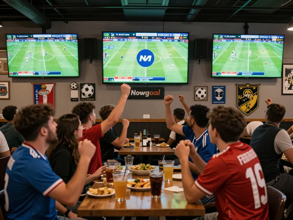 Fans cheering for football live scores on Nowgoal, lively sports bar atmosphere.