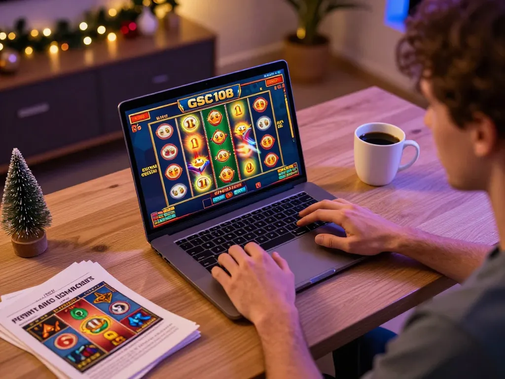 Pemain yang terlibat menikmati permainan slot Gsc108 di laptop, menyoroti suasana permainan online yang menarik.