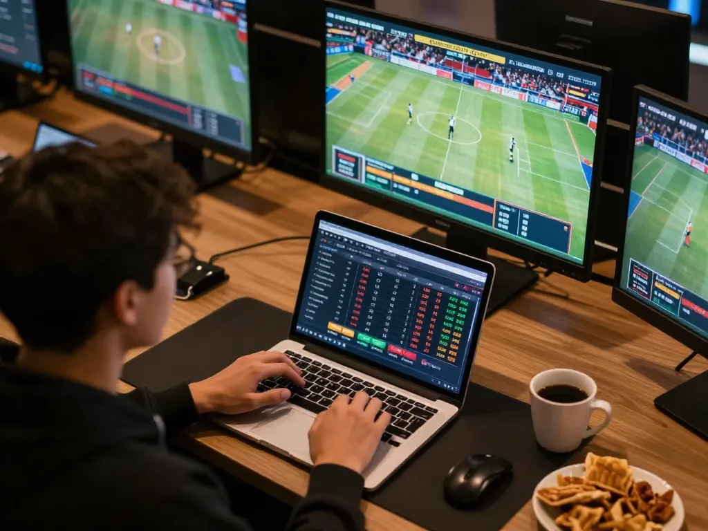 Engaged user analyzing live odds on Bsport sports betting platform during an exciting event.