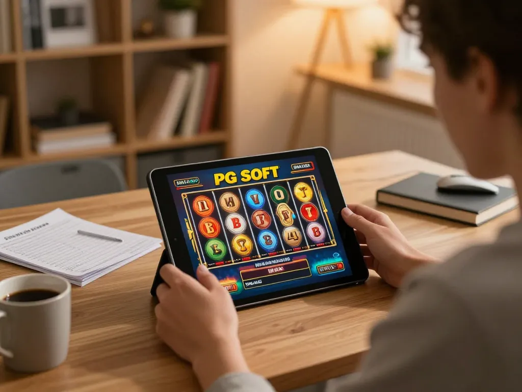 Terlibat dalam permainan Demo Slot di tablet dalam suasana rumah yang nyaman, menampilkan perjudian online yang strategis.