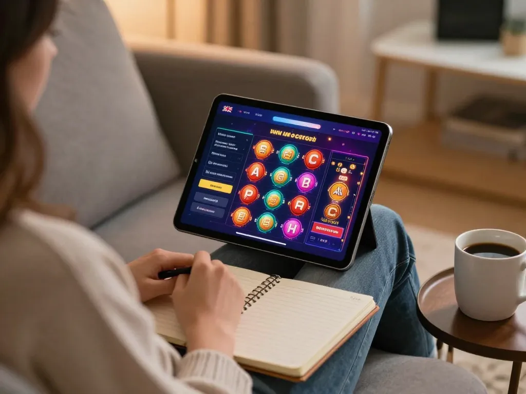 Engage with exciting non UK casinos through mobile gameplay on a cozy sofa, showcasing vibrant app interface.