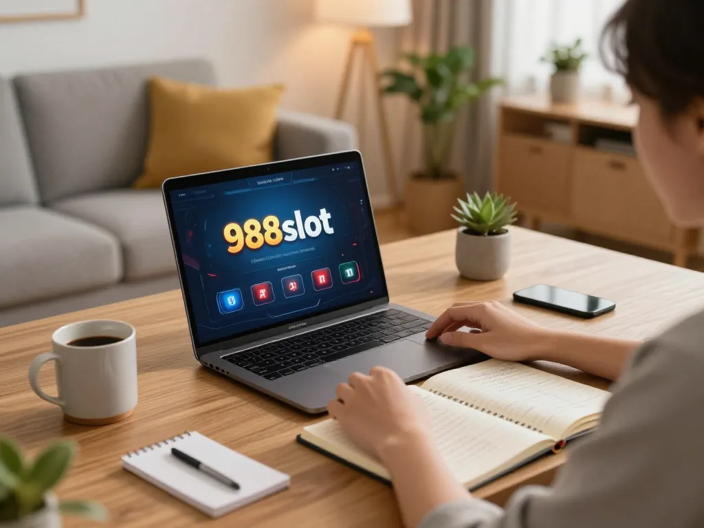 Engaging with 988slot on a laptop at home, showcasing a cozy gaming environment.