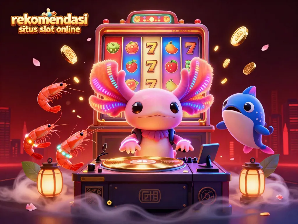 Menampilkan rekomendasi situs slot online dengan tema kasino, menggambarkan karakter unik dan simbol keberuntungan.