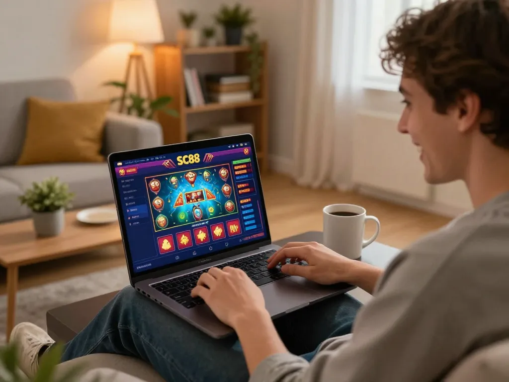 SC88 online gaming setup with a laptop showcasing vibrant casino graphics in a cozy living room