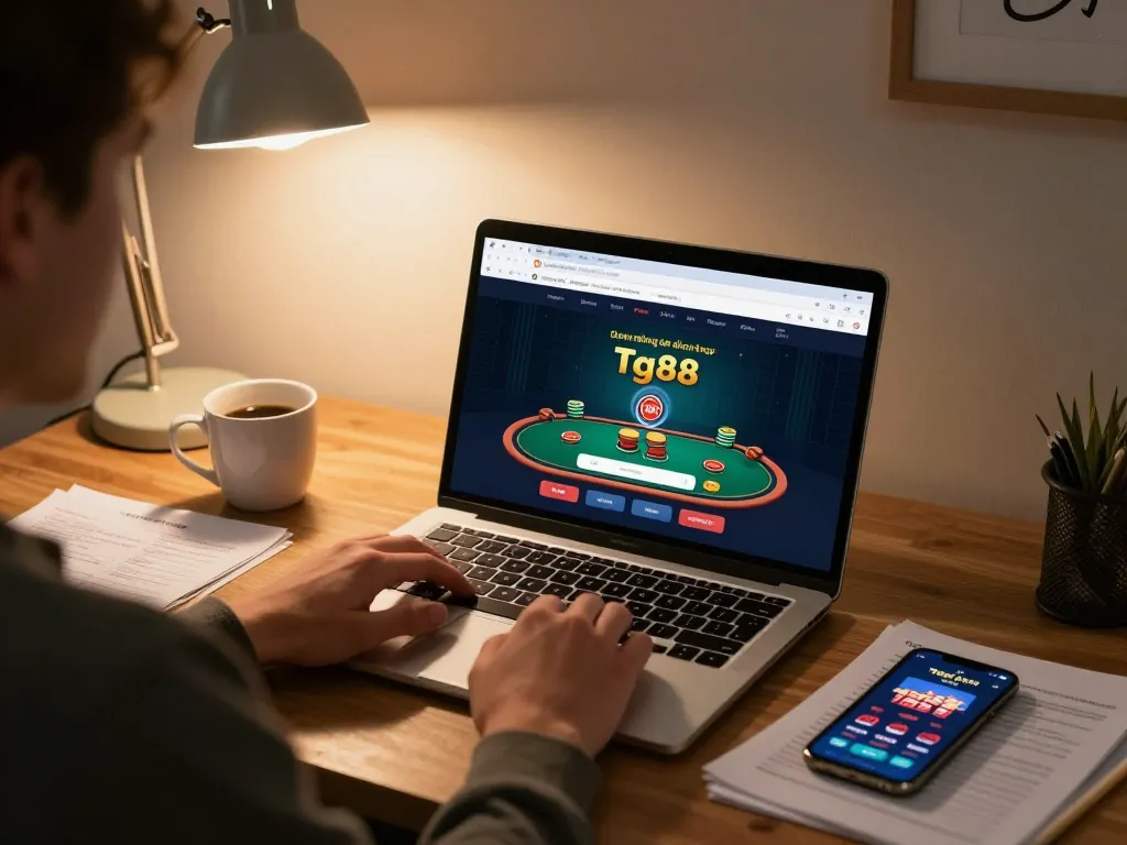 Tg88 đăng nhập on an online casino interface while strategizing gaming at home.