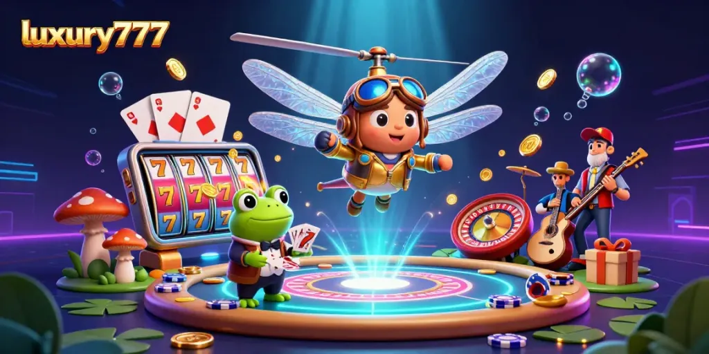 Experience the excitement of luxury777 gaming with captivating visuals of cartoon characters in a vibrant casino scene.
