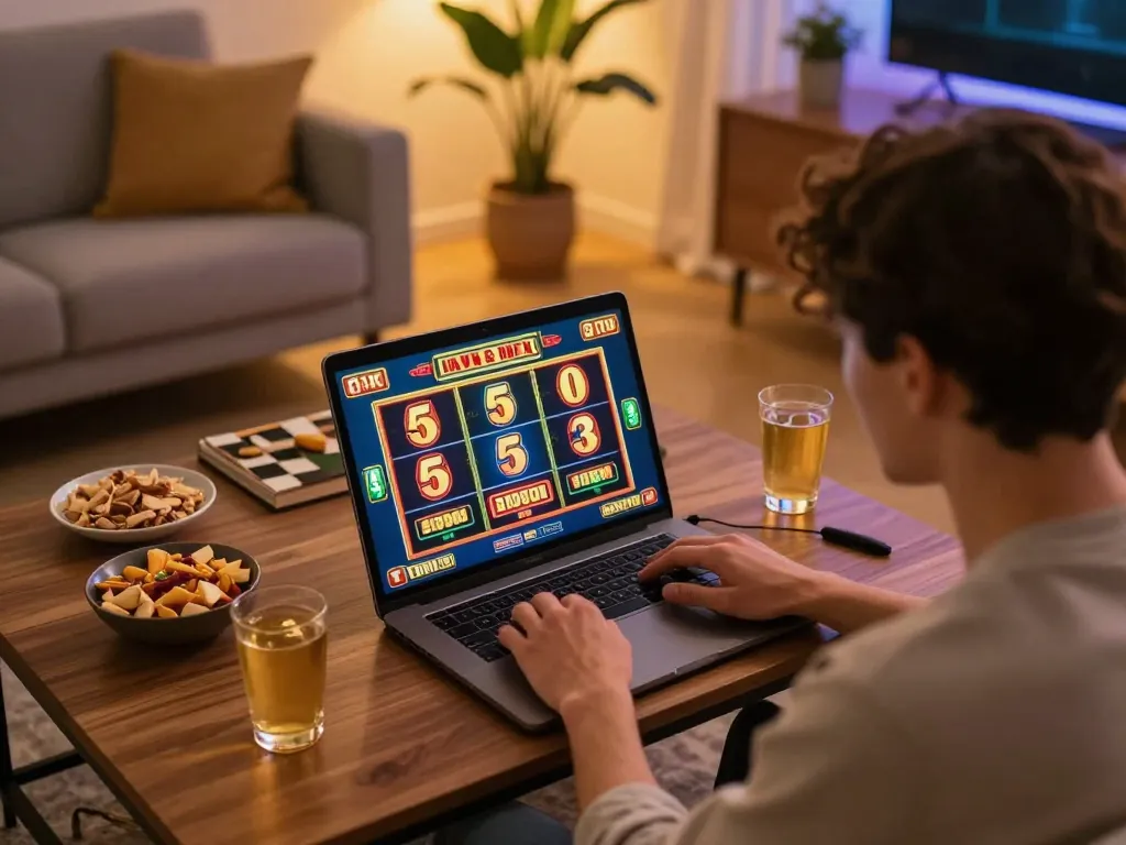 Engaging in a slot 5k online gaming session, showcasing excitement in a cozy atmosphere.