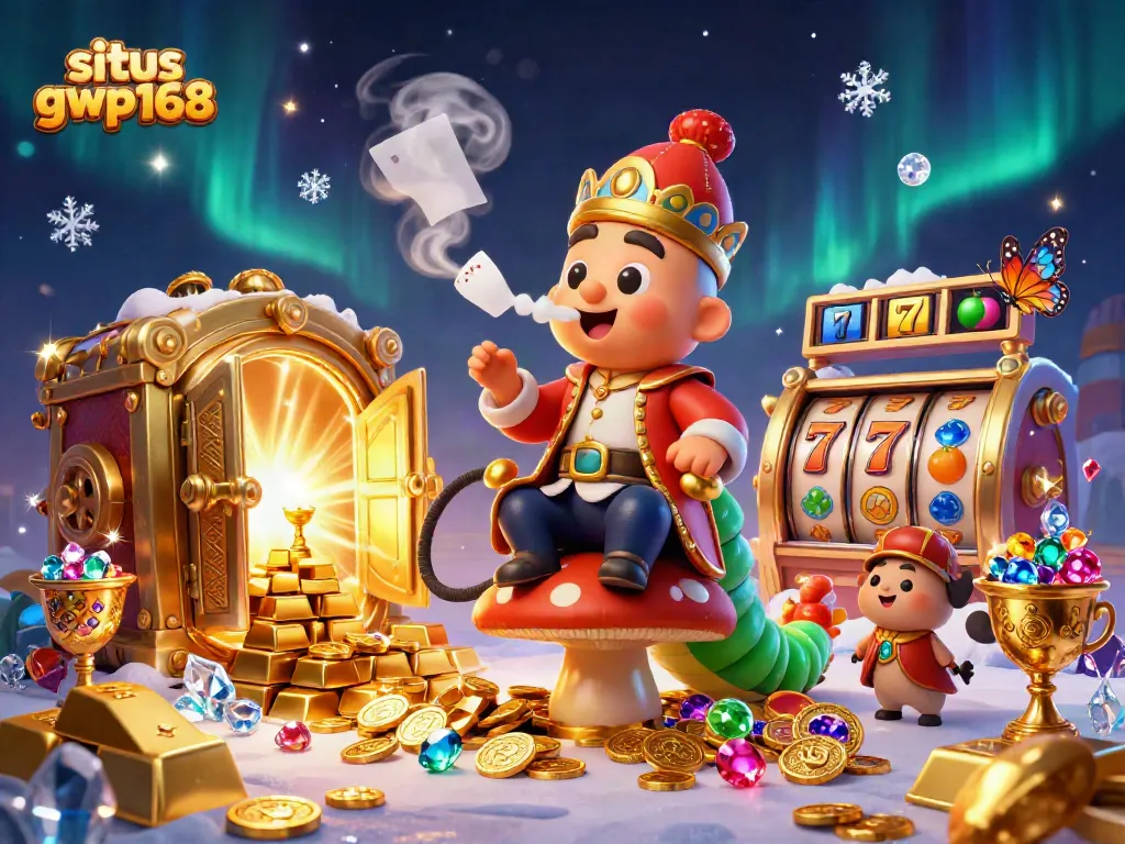 Menghadirkan situs gwp168, karakter kartun 3D; raja slot beraksi di kasino dengan koin emas dan permainan slot menggiurkan.