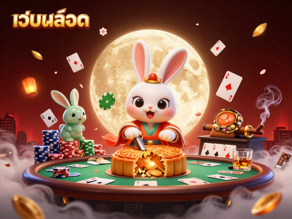 Experience the excitement of เว็บสล็อต with a moon rabbit and card games in a vibrant 3D casino scene.
