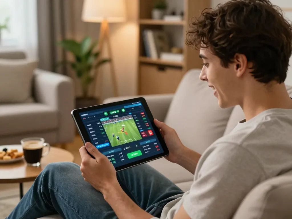 Engaged gambler placing bets on c168 sports betting app from cozy living room.