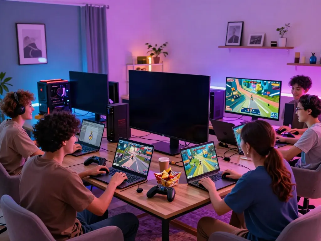 Akunjp online gaming scene with friends enjoying a multiplayer game setup.