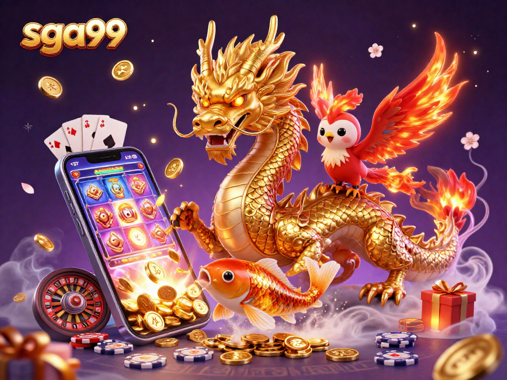 Spin the reels with sga99 featuring a fierce dragon, phoenix, and koi fish in dynamic casino scene.