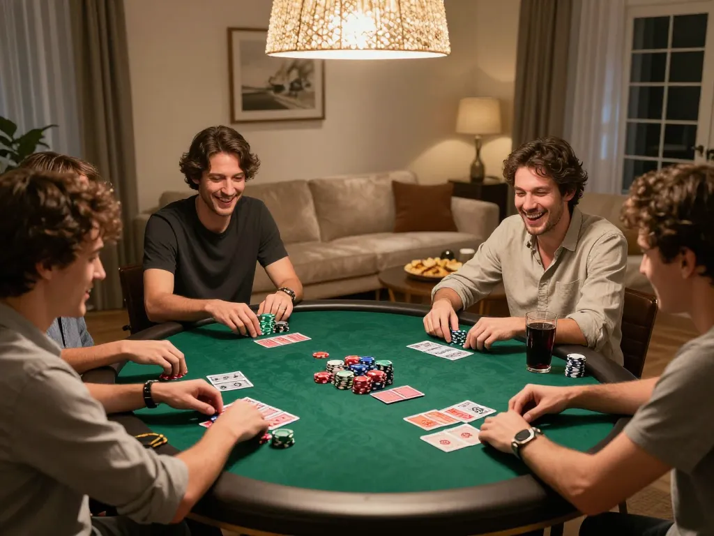 Engaging poker game scene at home showcasing friendly competition among players around the table, perfect for situs toto enthusiasts.