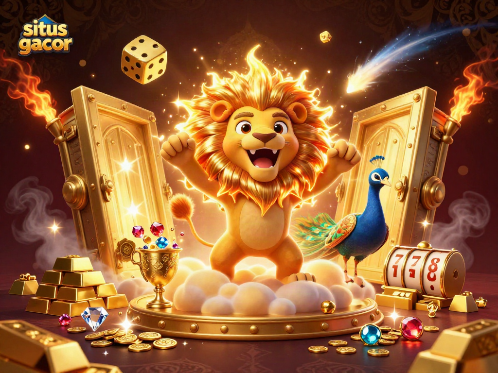 Experience the thrill of situs gacor with a dynamic illustration of a roaring sun lion amidst golden casino treasures.