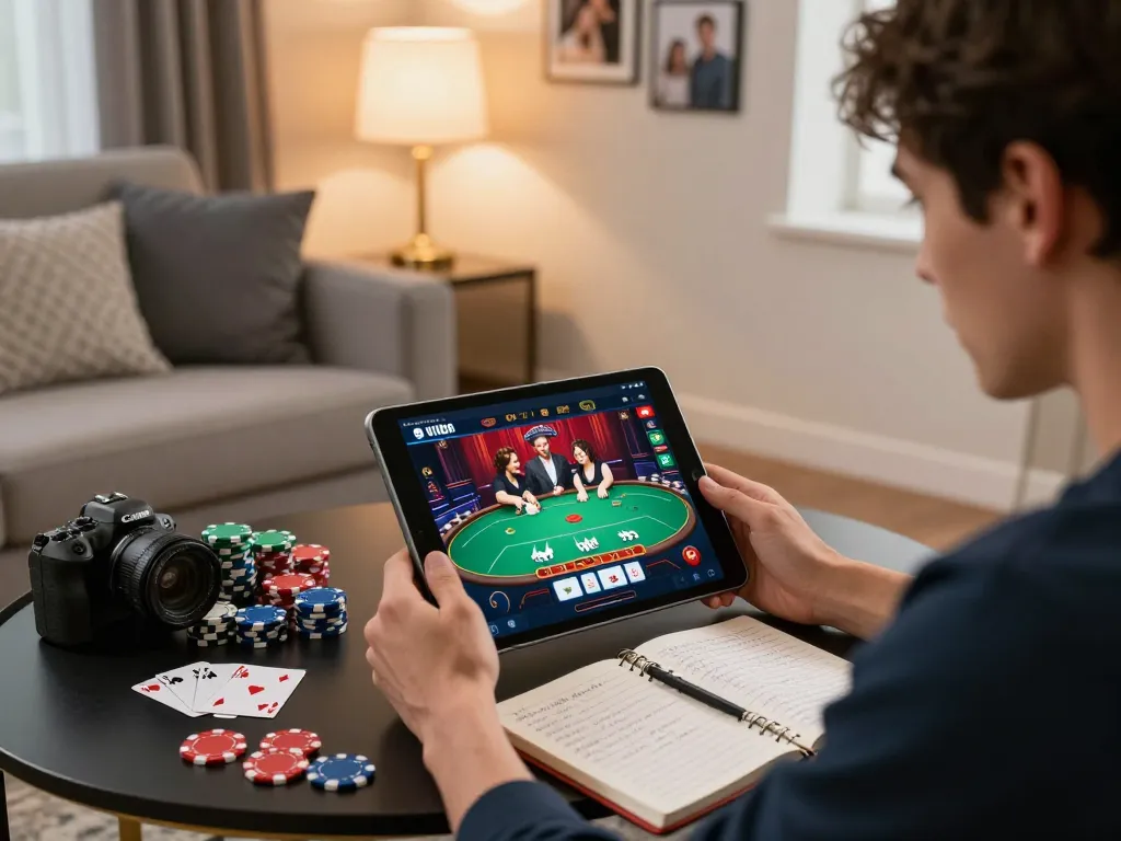 Engaged player utilizing MM99 live casino app on a tablet, set in a stylish home living room.