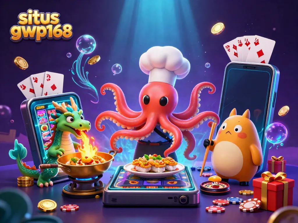 Gambaran interaktif situs gwp168 dengan chef octopus dan naga, menyiapkan hidangan emas sambil bermain slot.
