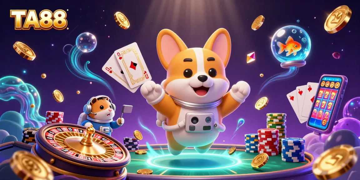 Join the fun with TA88 in a vibrant space casino scene filled with floating poker chips and coins!