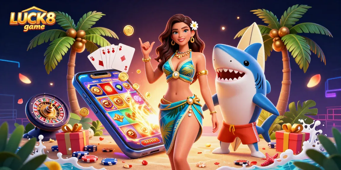 Experience thrilling LUCK8 game with vibrant slot gameplay and dynamic characters in a stunning 3D scene.