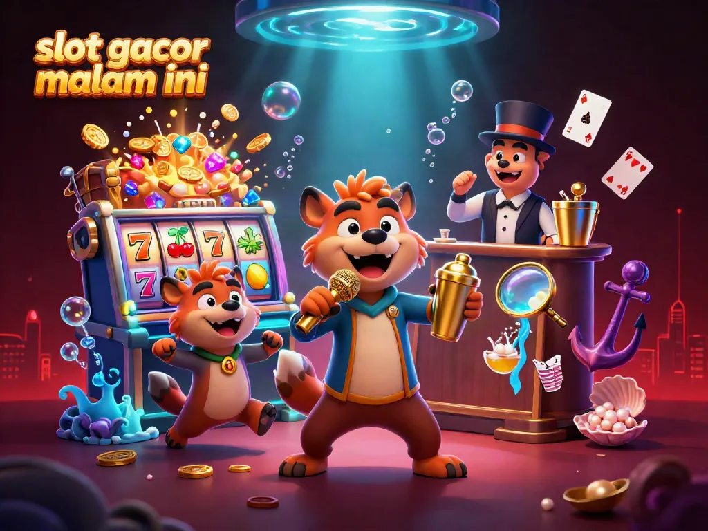 Menghadirkan slot gacor malam ini di kasino dengan karakter hyena, simbol keberuntungan, dan elemen permainan yang menarik.