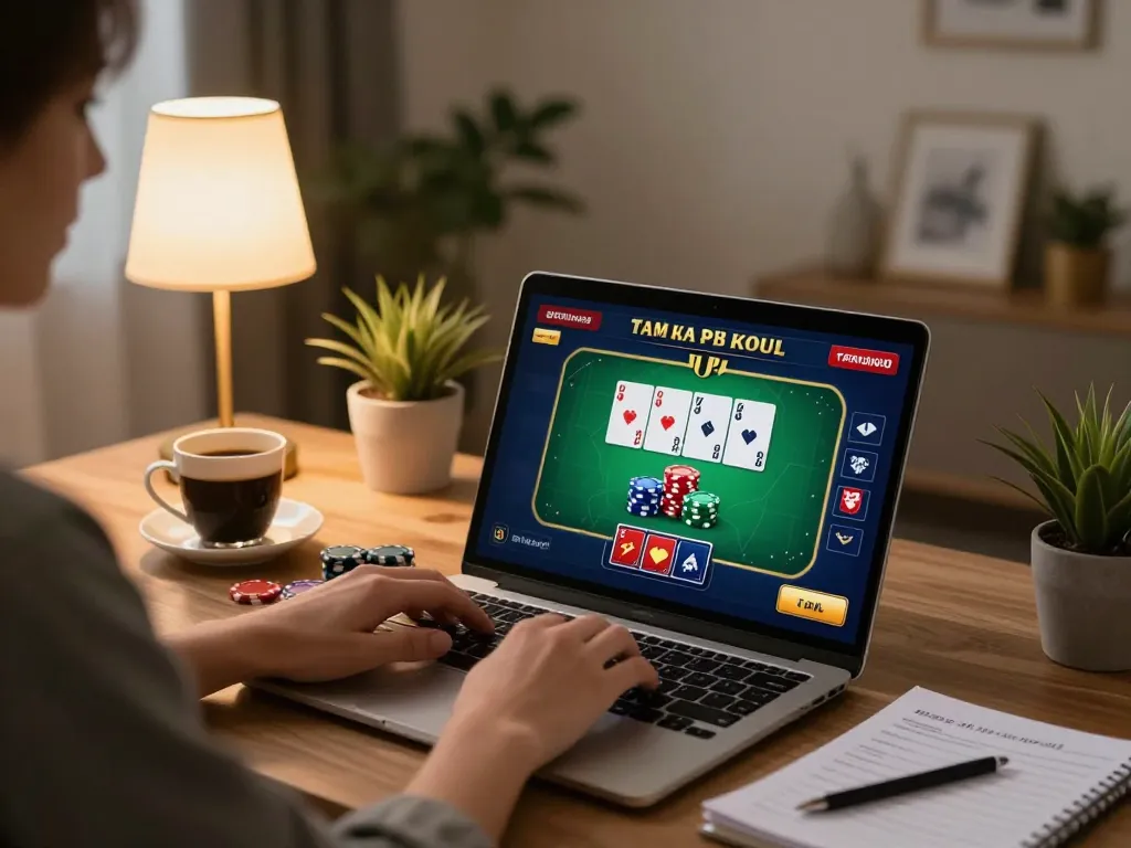 Engaging moment at home with sc88 online poker gaming on laptop, stylish desk, and cozy lighting.