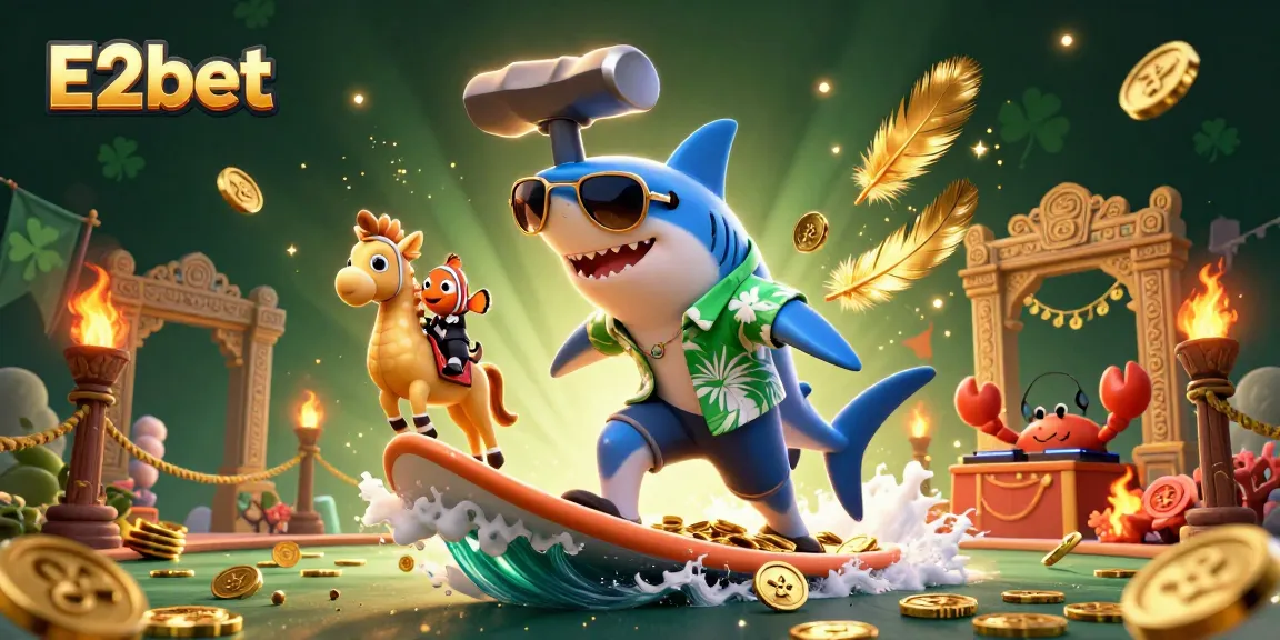 E2bet showcases an exciting ocean-themed casino adventure with a shark and friends surfing on gold coins.