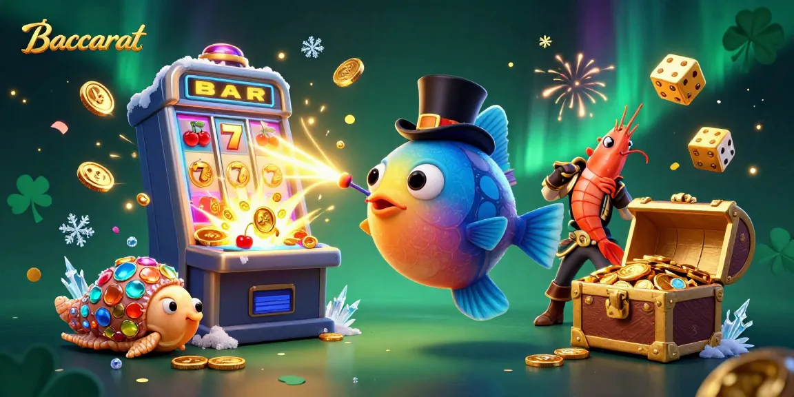 Baccarat game scene featuring cartoon fish attracting coins with magical lure amidst colorful jackpot elements
