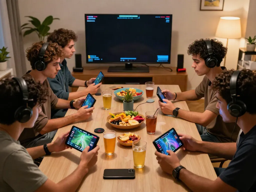 Excited friends playing ORION88 on mobile devices in a cozy gaming atmosphere.