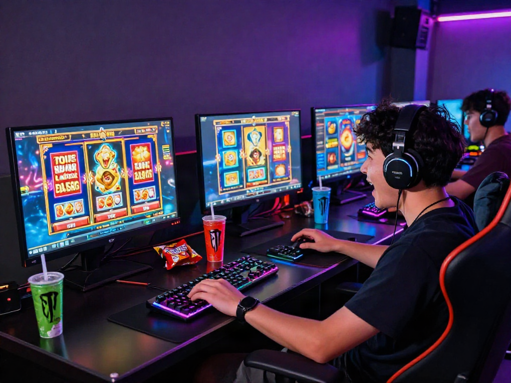 Player enjoying a thrilling online gaming experience with slot gacor graphics on multiple screens.