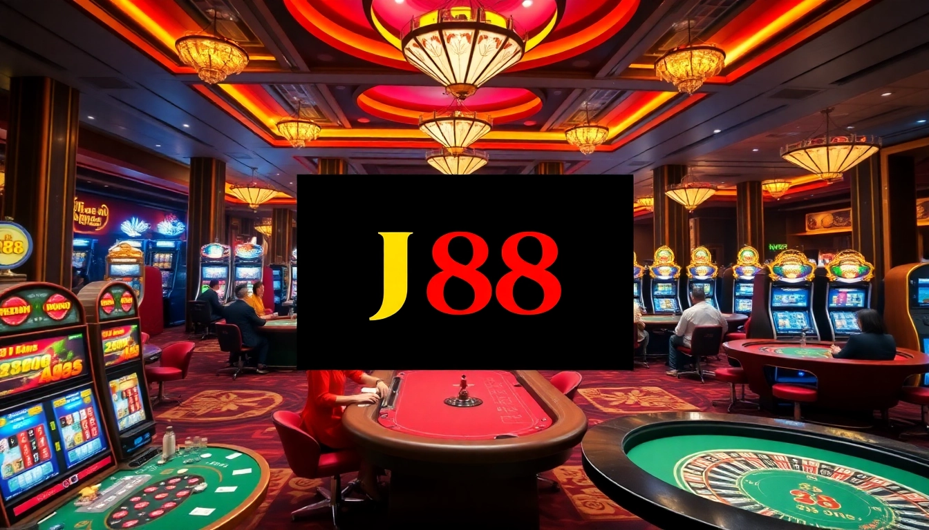 Experience the thrill of J88 đăng nhập at a luxurious casino with vibrant gaming tables and engaging dealers.