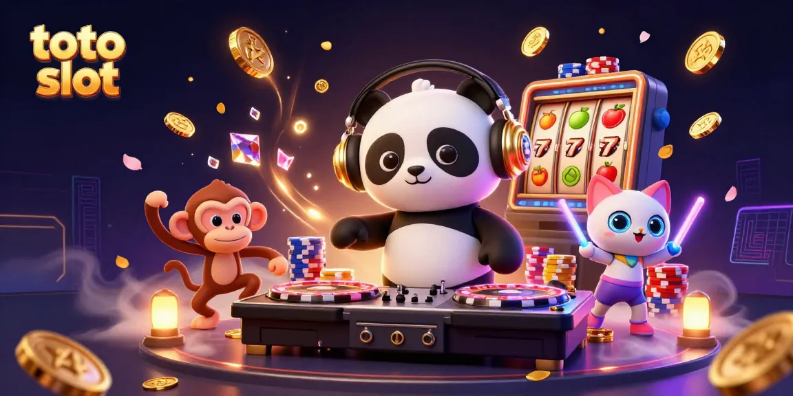 Putar gulungan slot toto dengan panda DJ, dikelilingi oleh elemen kasino yang menyenangkan dan warna-warna cerah.