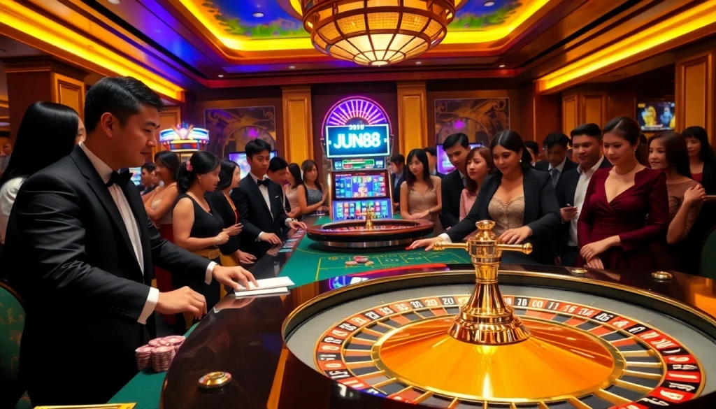 Experience thrilling gameplay at jun88 con with a luxurious casino atmosphere featuring roulette and slot machines.