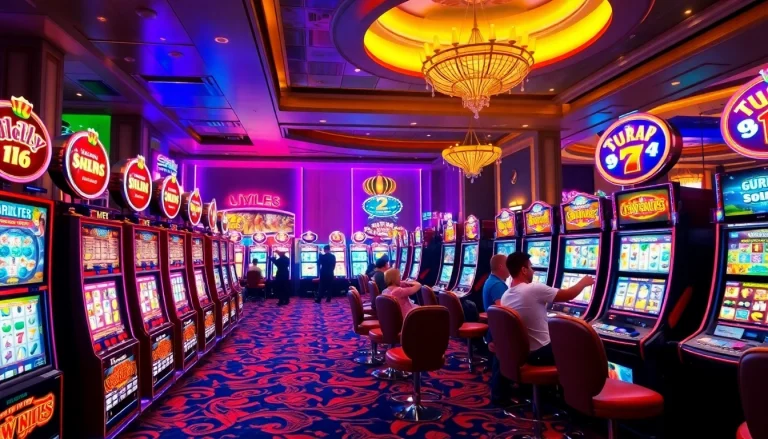 Exciting scene of players engaging with slot online machines in a luxury casino.
