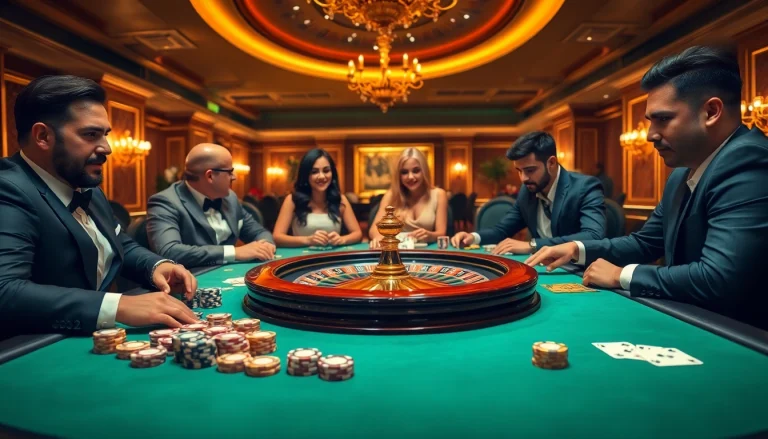 Experience the thrill of gambling at Bay789 with an exciting casino scene filled with poker chips and a roulette wheel.