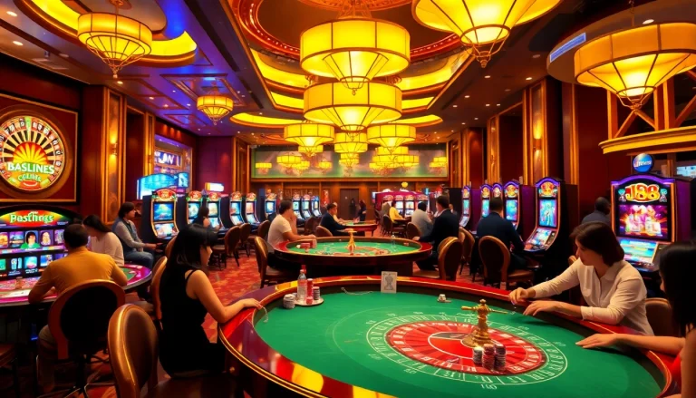 Experience the thrill of the J88 casino with vibrant gaming tables, roulette wheels, and enthusiastic players.
