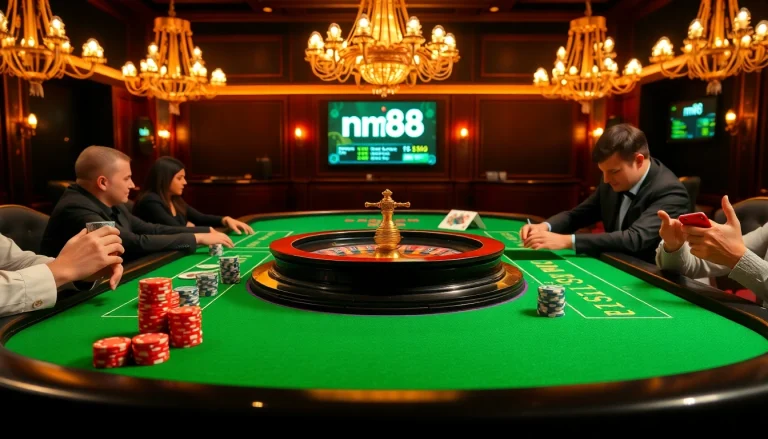 Experience the excitement of mm88 with high-stakes poker chips at a luxurious casino table.