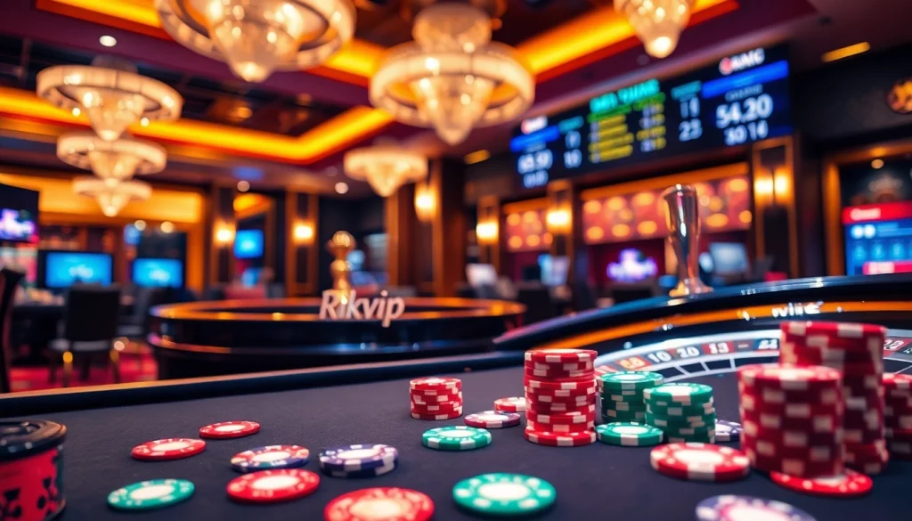 Rikvip players enjoying exhilarating casino games with vibrant chips and cards.