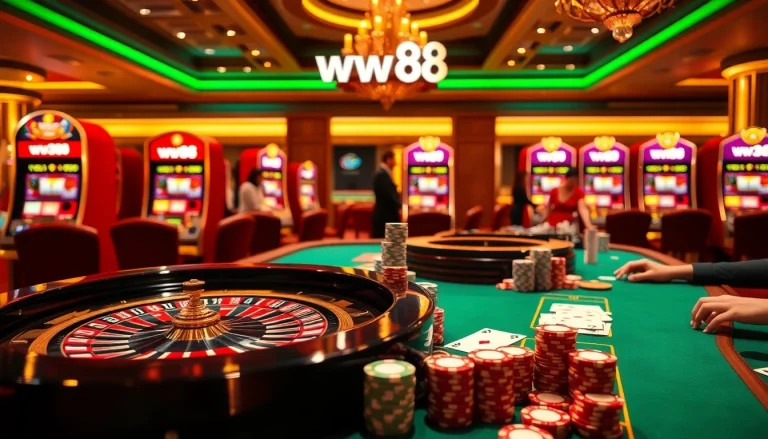 Experience thrilling gameplay at ww88 with a luxurious casino table featuring roulette and poker chips.