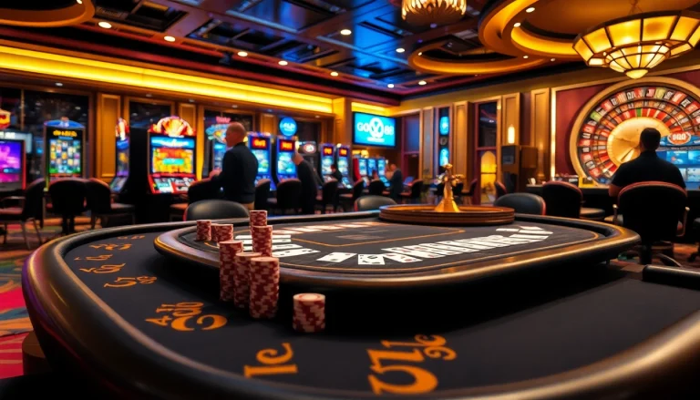 Go88 players enjoying an exciting casino experience with poker tables and slot machines.